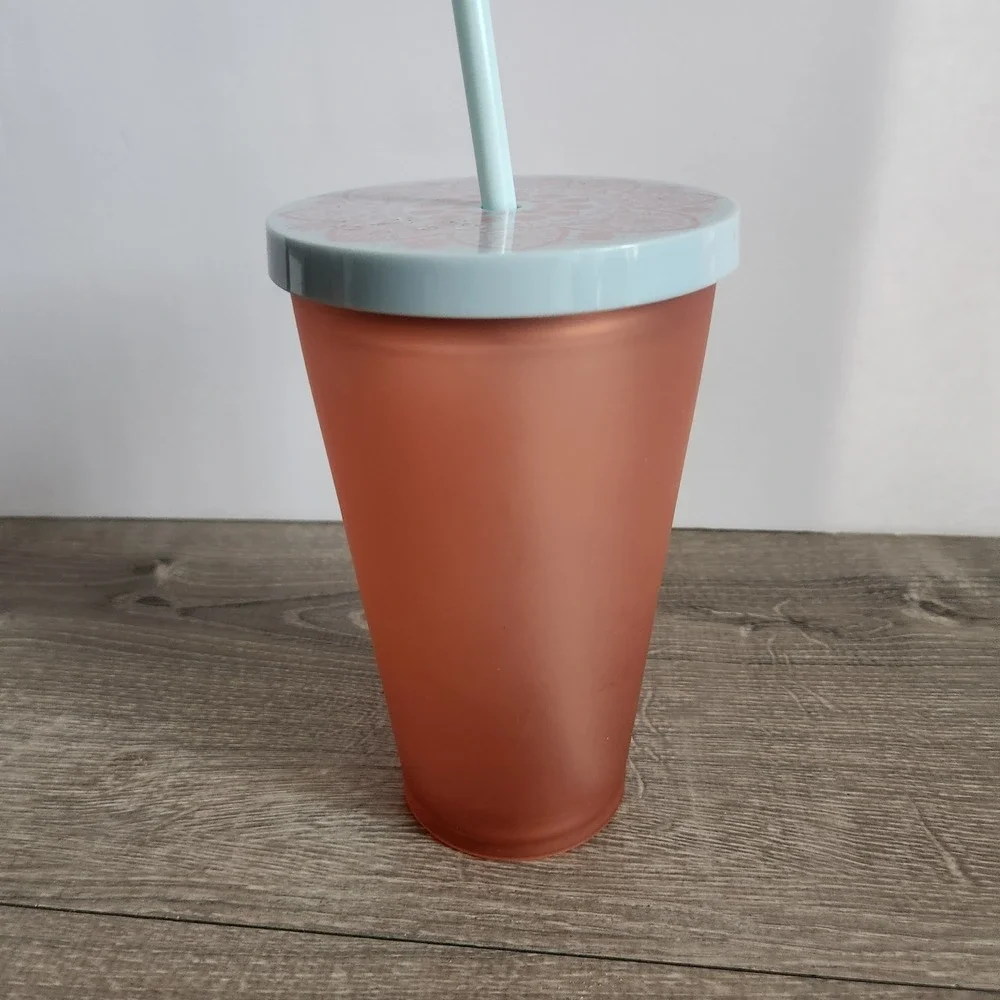 Starbucks Matte Peach Pink Floral 16Oz Grande Mermaid Logo Cold Cup Tumbler READ
